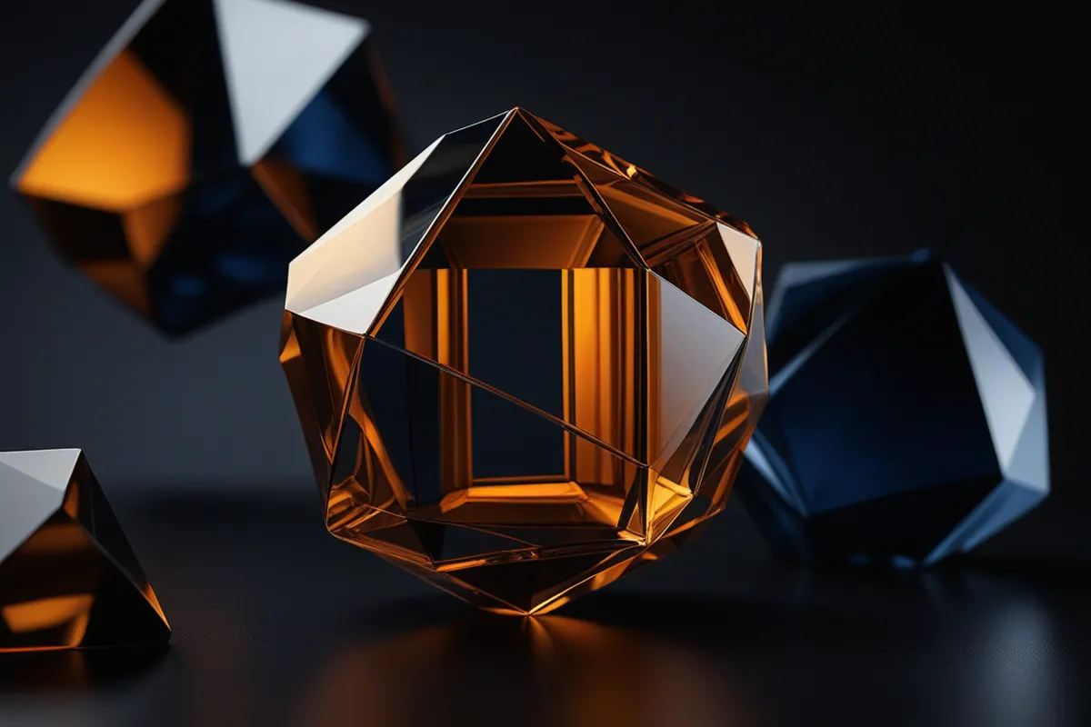 A single amber-lit faceted crystal held at the center of surrounding indigo glass forms in dark space.