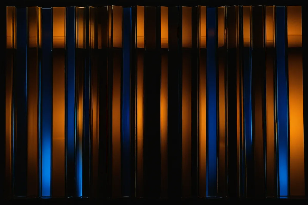 A wide row of amber and indigo glass panels rising to a peak and falling away again against black.