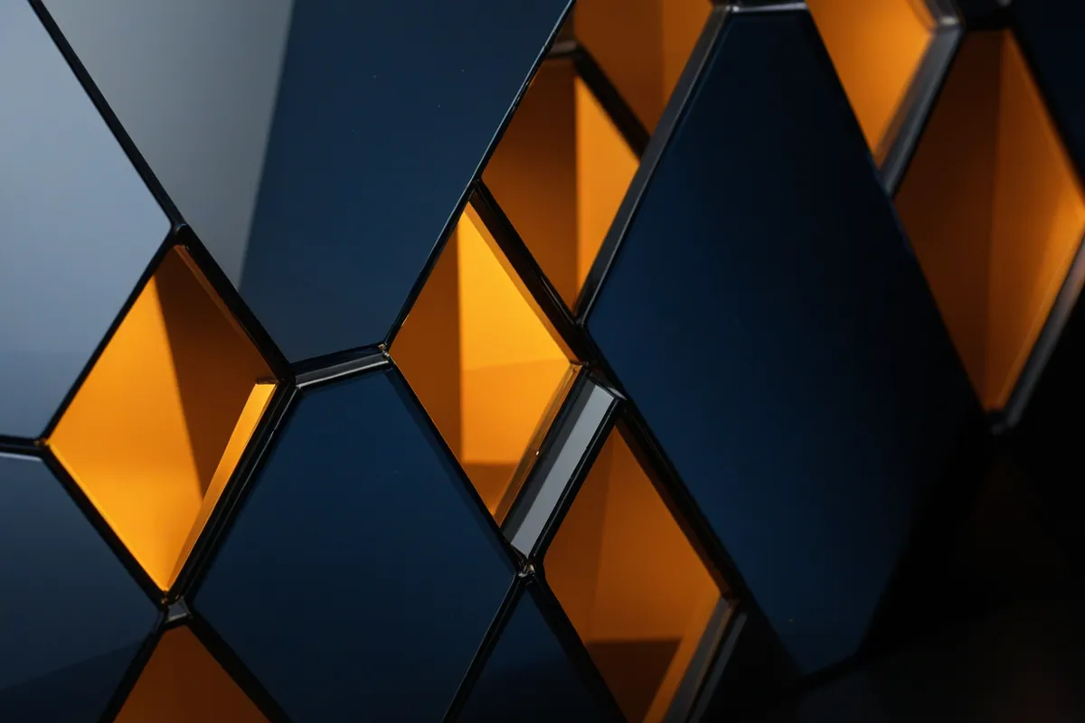 A row of interlocking amber-lit and indigo glass facets forming a connected diagonal progression.