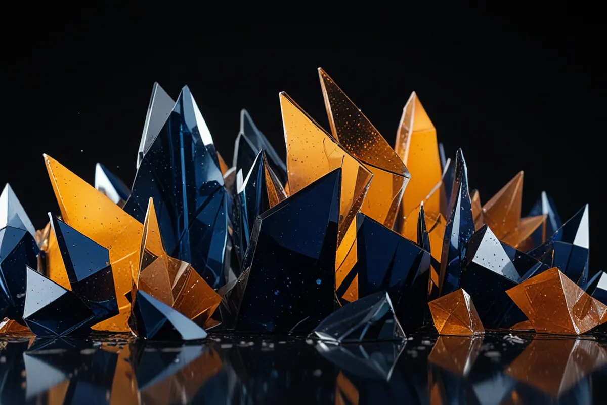 Angular indigo and amber glass shards standing disconnected and unaligned against black.