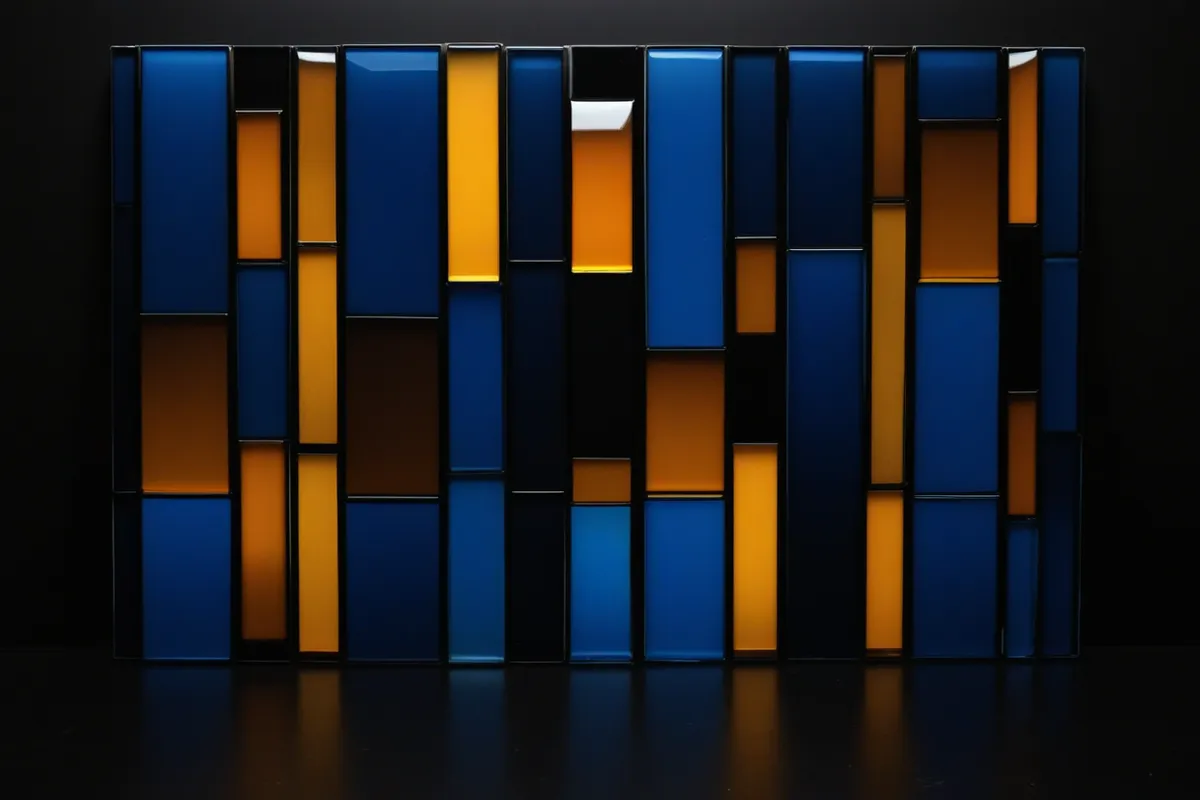 A dense wall of indigo and amber glass panels in which individual panels are hard to tell apart.