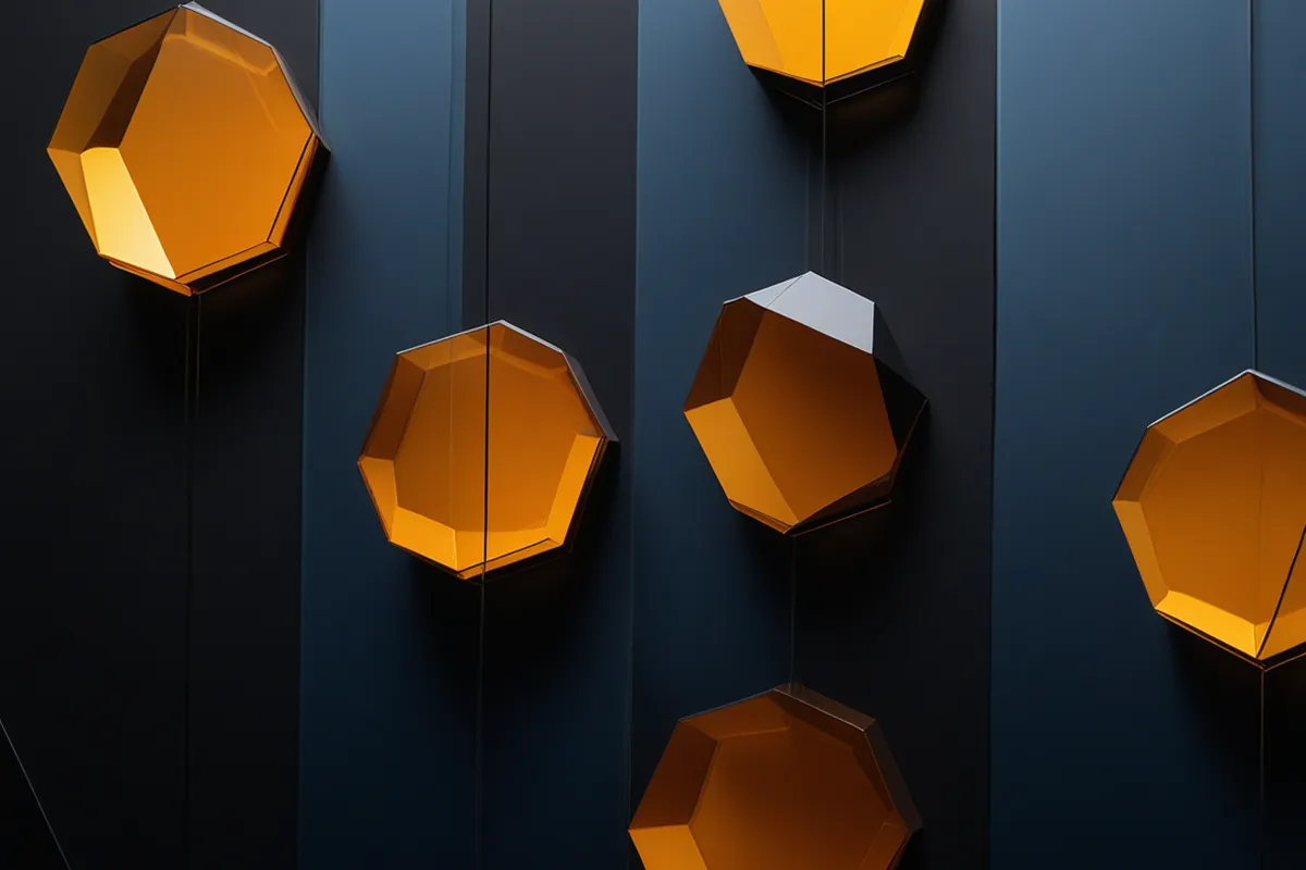 Amber translucent polygonal panels stepping across a dark ribbed indigo surface.