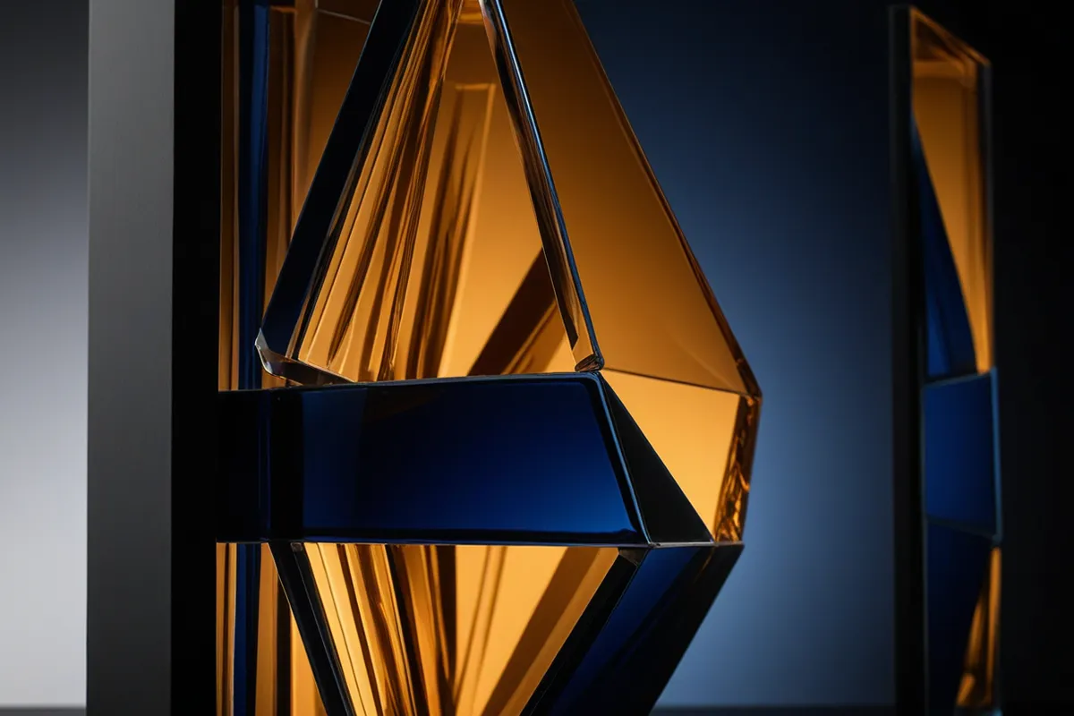 Layered translucent amber and indigo glass panels enclosing a bright contained core.