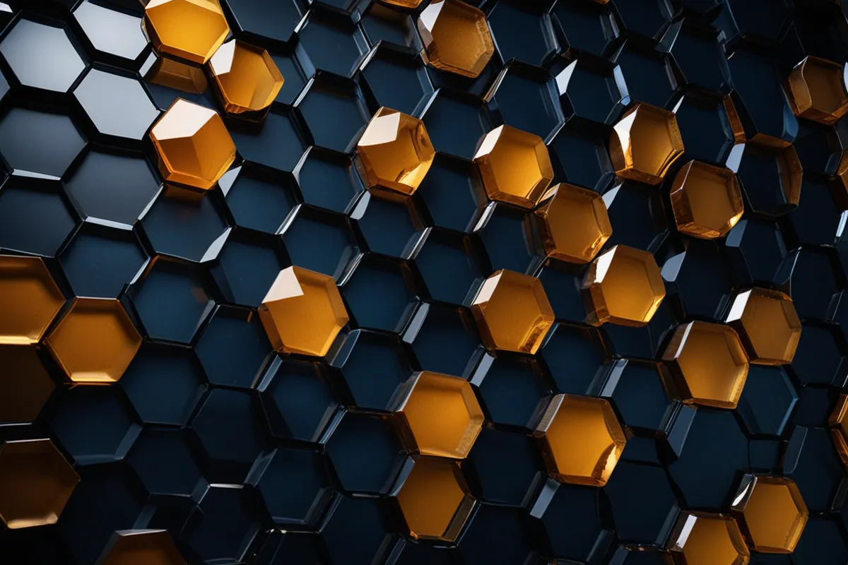 Faceted hexagonal glass panels settling into an ordered honeycomb grid, amber cells among indigo.