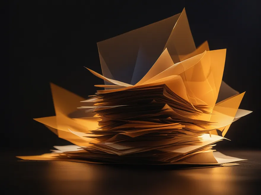 Abstract stack of glowing amber document pages against a dark background