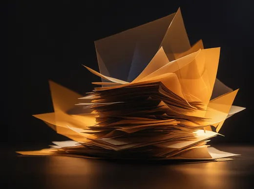 Abstract stack of glowing amber document pages against a dark background