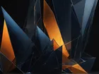 Dark graphite background with cool indigo crystalline shard forms converging toward a warm amber glowing core.
