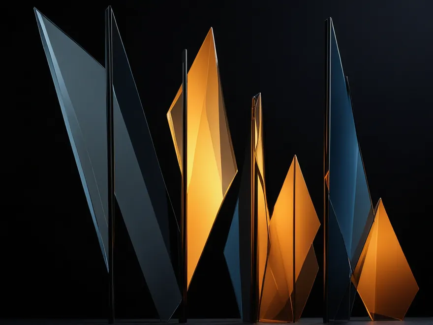 Abstract dark geometric composition of translucent amber and indigo glass panels in a left-to-right sequence.
