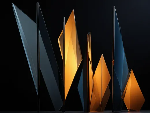 Abstract dark geometric composition of translucent amber and indigo glass panels in a left-to-right sequence.