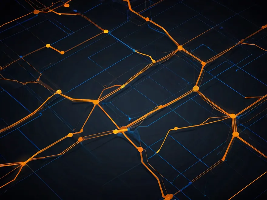Abstract network of amber and indigo lines converging into connected nodes on a dark graphite background.