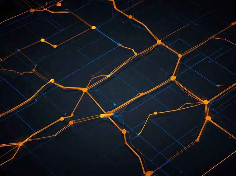 Abstract network of amber and indigo lines converging into connected nodes on a dark graphite background.