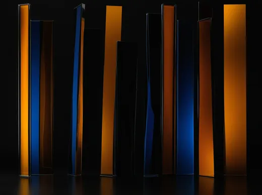 Tall translucent amber and indigo glass panels of varying heights standing against a black background.