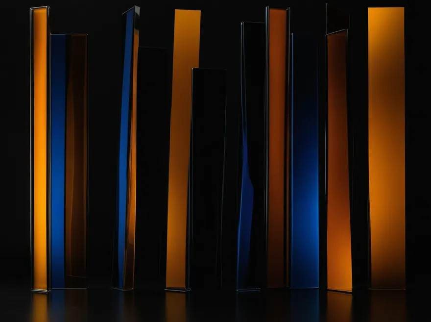 Tall translucent amber and indigo glass panels of varying heights standing against a black background.