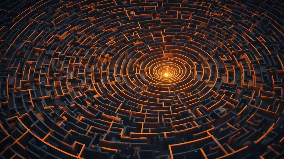 A single glowing thread of light tracing a path through a dark maze toward a bright center